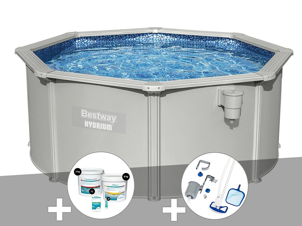 BESTWAY - Kit piscine acier ronde Bestway Hydrium 3,00 x 1,20 cm + Kit de traitement au chlore + Kit d'entretien Deluxe - large