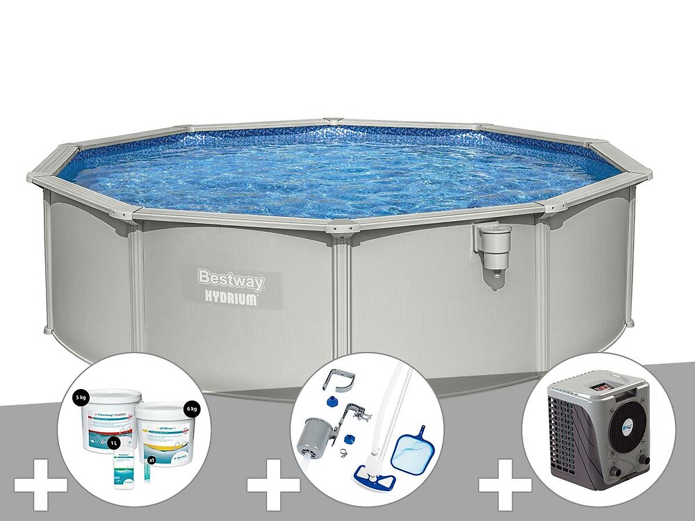 BESTWAY - Kit piscine acier ronde Bestway Hydrium 4,60 x 1,20 cm + Kit de traitement au chlore + Kit d'entretien Deluxe + Pompe à chaleur - large