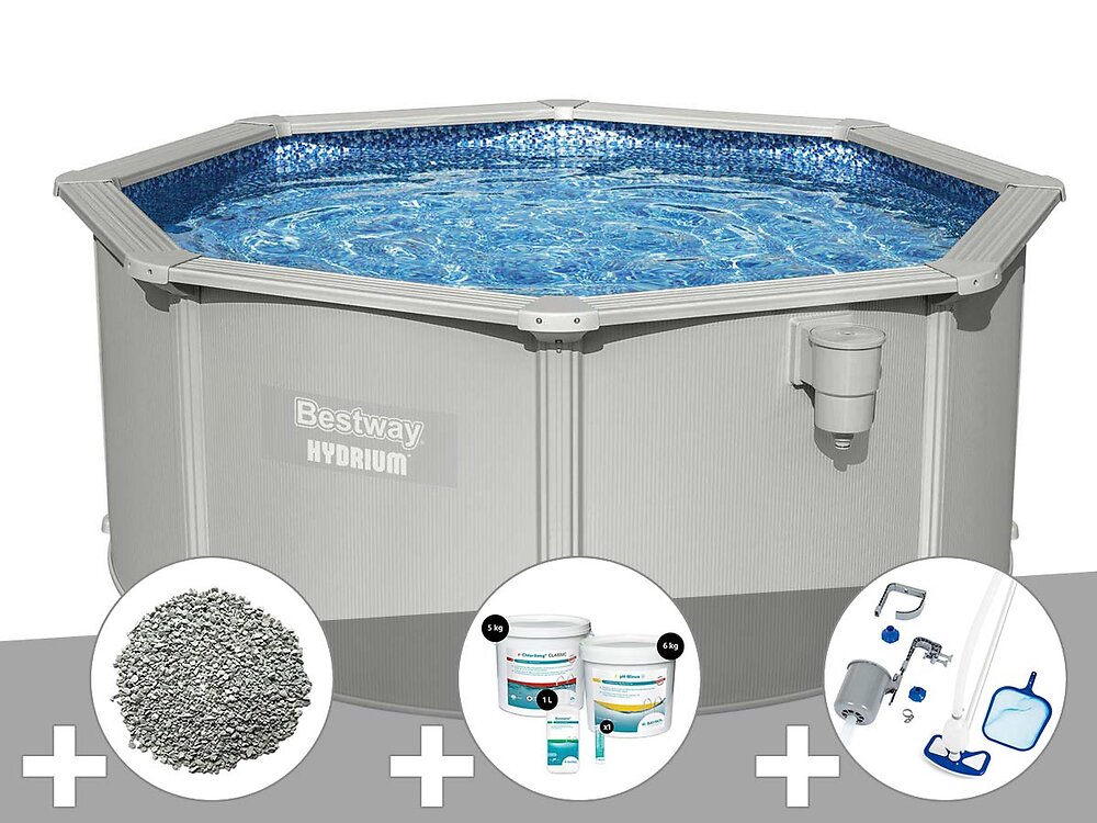 BESTWAY - Kit piscine acier ronde Bestway Hydrium 3,00 x 1,20 cm + 10 kg de zéolite + Kit de traitement au chlore + Kit d'entretien Deluxe - large