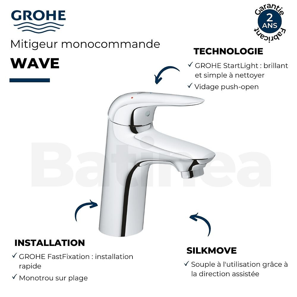 GROHE - Mitigeur lavabo Wave taille S avec vidage Push-Open + nettoyant Grohclean - large
