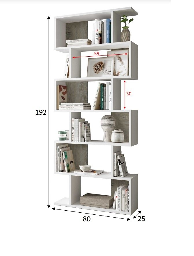 DMORA - Bibliothèque décorative haute avec 5 étagères, étagères modernes, séparateur de pièce, cm 80x25h192, couleur blanc et chêne - large