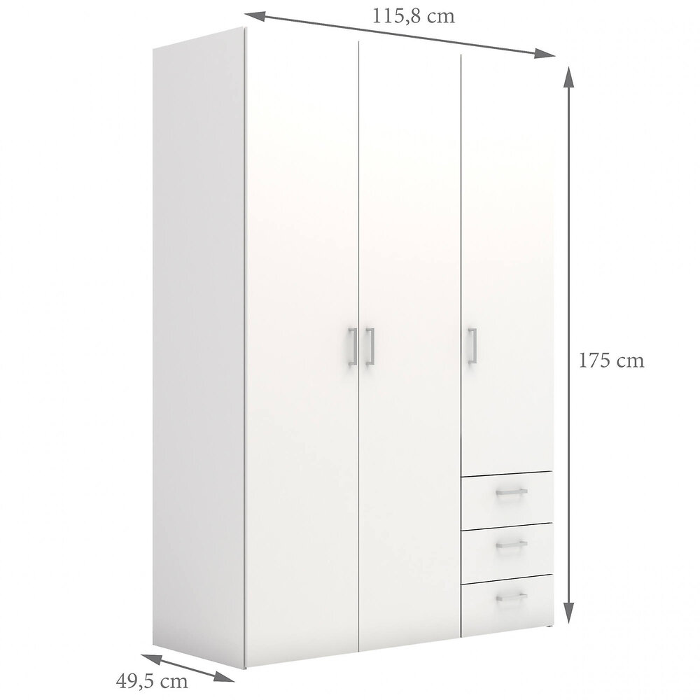 DMORA - Armoire avec trois portes battantes et trois tiroirs, couleur blanche, Dimensions 115 x 175 x 49 cm - large