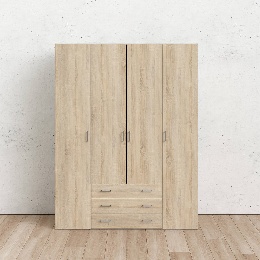DMORA - Armoire à quatre portes et trois tiroirs, couleur chêne, 154 x 59 x h200 cm - large