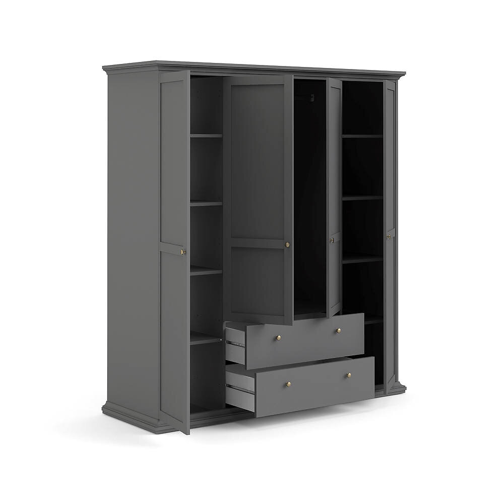 Armoire grise à quatre portes et deux tiroirs, 181,4 x 200,6 x 60,5 cm
