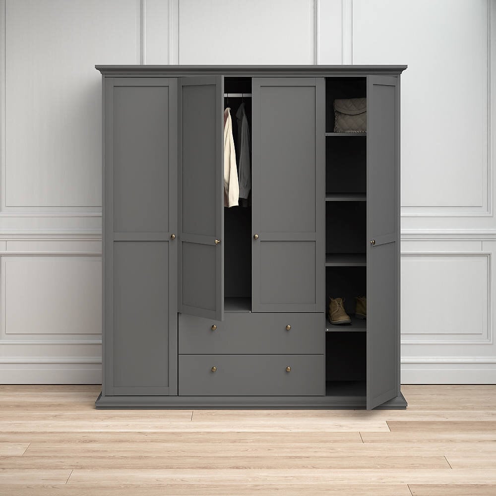 Armoire grise à quatre portes et deux tiroirs, 181,4 x 200,6 x 60,5 cm