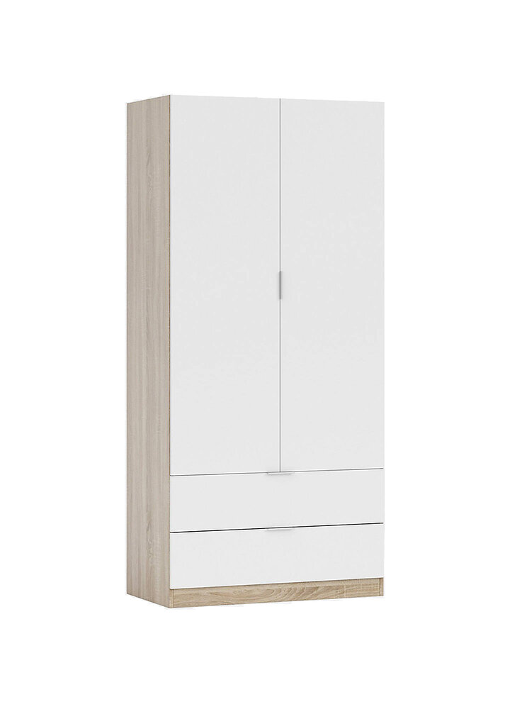 DMORA - Armoire à deux portes et deux tiroirs en bas, couleur chêne avec portes blanc artik, 81,5 x 180 x 52 cm. - large
