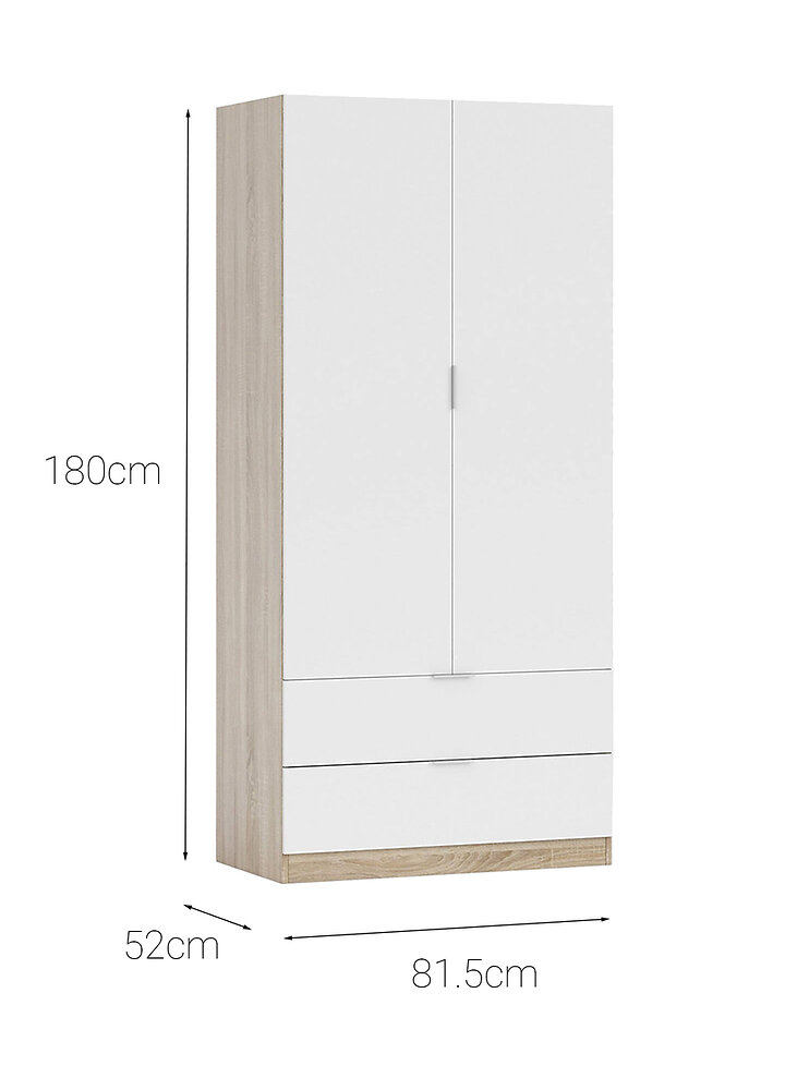 DMORA - Armoire à deux portes et deux tiroirs en bas, couleur chêne avec portes blanc artik, 81,5 x 180 x 52 cm. - large