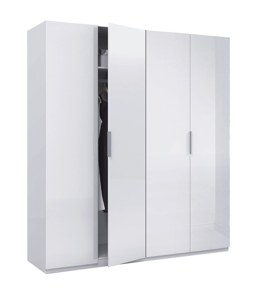 DMORA - Armoire à quatre portes avec deux étagères et deux tringles à vêtements, couleur blanc brillant, Dimensions 200 x 180 x 52 cm - large