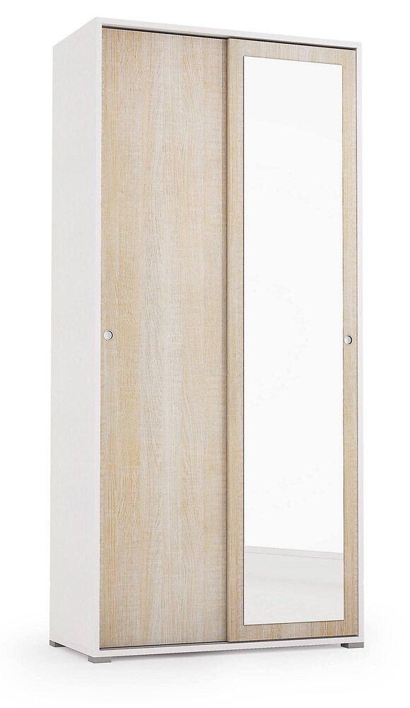 DMORA - Armoire à 2 portes coulissantes avec tringle à vêtements, 100% Made in Italy, Armoire de chambre moderne, Armoire avec porte miroir, 90x45h195 cm, couleur Chêne et Blanc - large