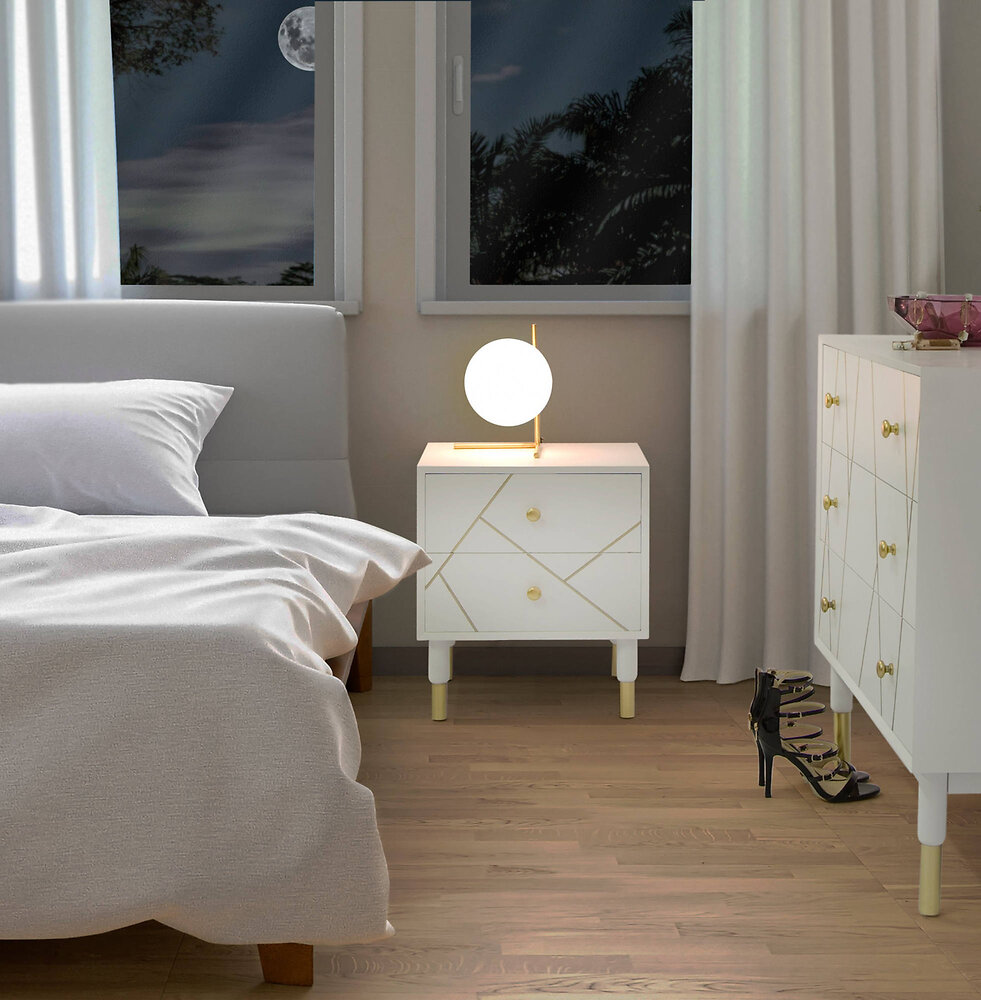 DMORA - Commode élégante en bois de pin mdf, avec 3 tiroirs, couleur blanche et finitions dorées, Dimensions 40 x 80 x 80 cm - large