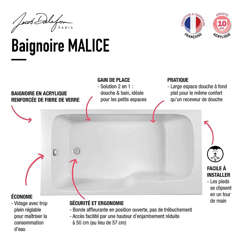 JACOB DELAFON - Baignoire bain douche Malice + tablier de baignoire + pare bain Blanc brillant, 160 X 85 version droite - large