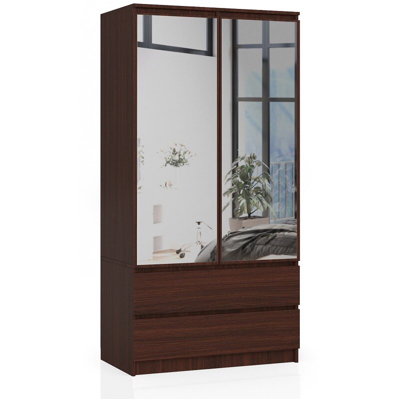 HUCOCO - BLANCA - Armoire 2 portes style moderne chambre à coucher - 90x180x51 - 2 tiroirs - Dressing - Wengé - large