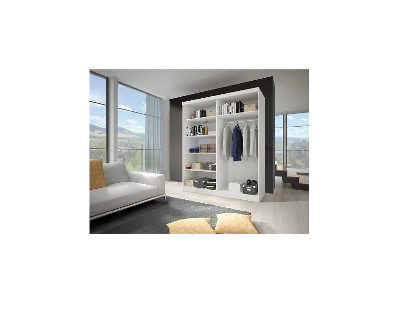 HUCOCO - VIELL - Grande armoire à portes coulissantes - 5 étagères + tringle - 150x61x200 cm - Blanc - large