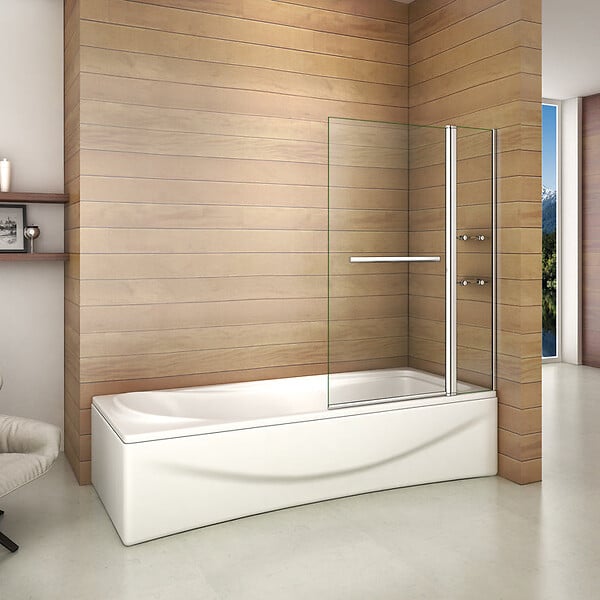 Pare-baignoire 100x140cm rectangle paroi pivotante à 240°, écran de douche  en verre securit avec 2 étagères