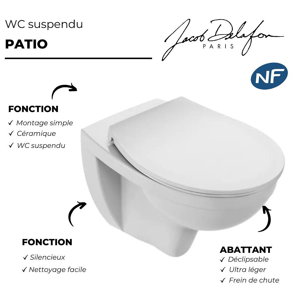 JACOB DELAFON - WC suspendu sans bride Patio + abattant extra plat - large