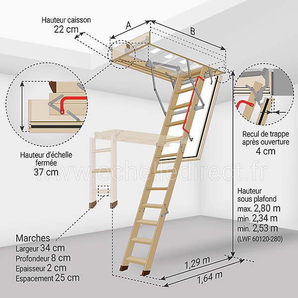 Matisere - Escalier bois coupe feu 60min - 2.80m sous plafond - Trémie 60x120cm - LWF60/60120-280 - large
