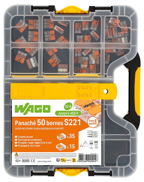 WAGO S221 3 mini bornes de connexion rapide 2 entrées fils souples et  rigides 0.5 à 6mm² - 221-612
