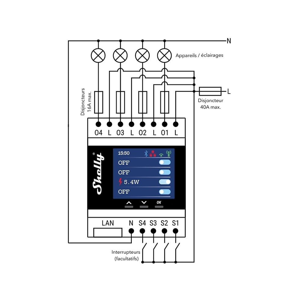 Contacteur Wifi 4 sorties 16A SHELLYPRO4PM Shelly Bricorama