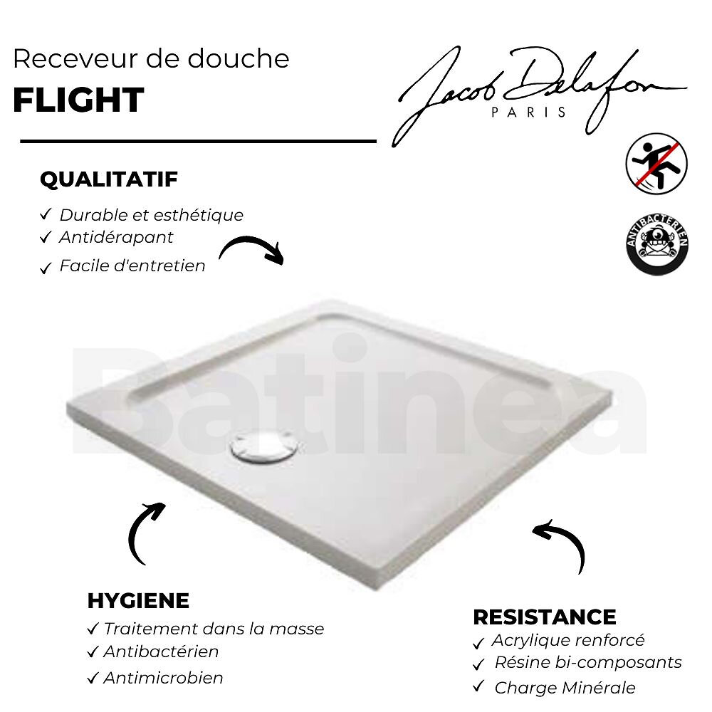JACOB DELAFON - Receveur de douche antidérapant Flight carré extra plat pour douche italienne Antibactérien , 90 x 90, blanc - large