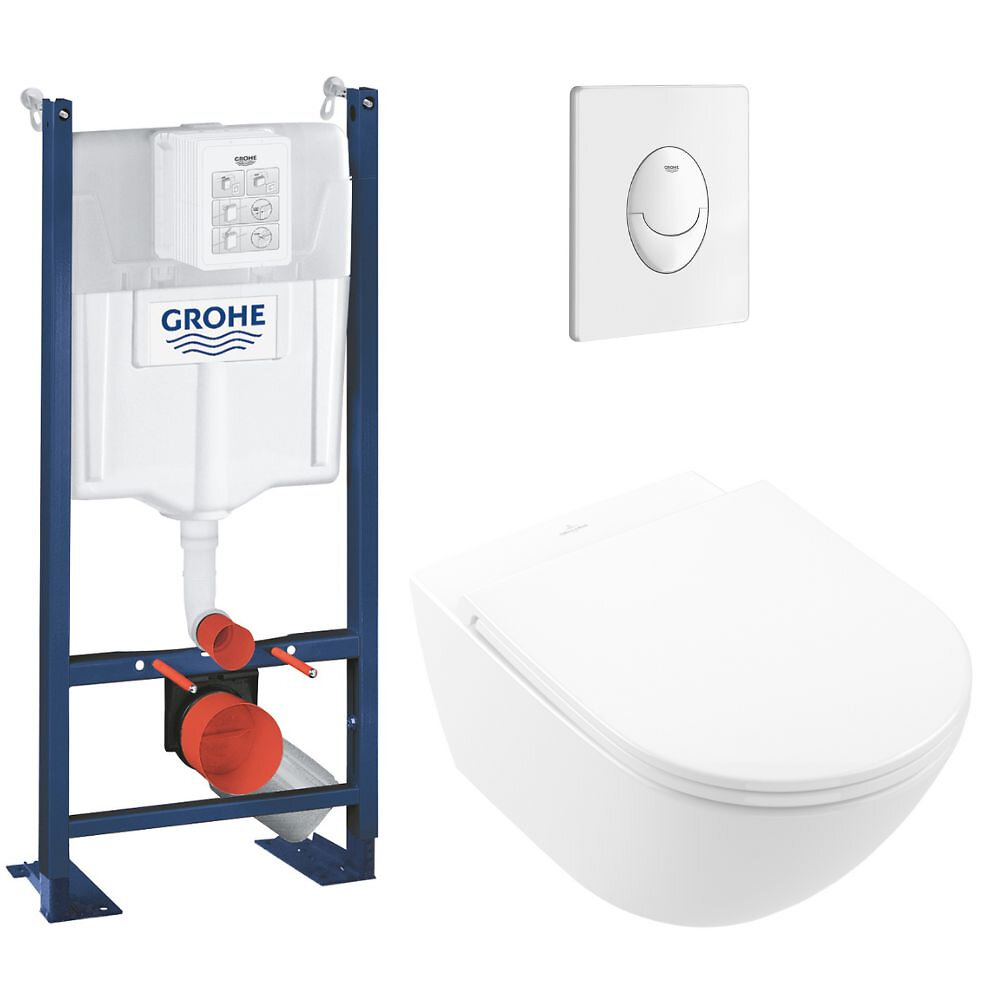 VILLEROY_ET_BOCH - Lot WC suspendu Universo TwistFlush avec bâti et plaque GROHE, blanc, blanc - large