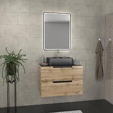 AURLANE Meuble salle de bains 80 cm 2 tiroirs - Chêne et noir - Vasqu ...