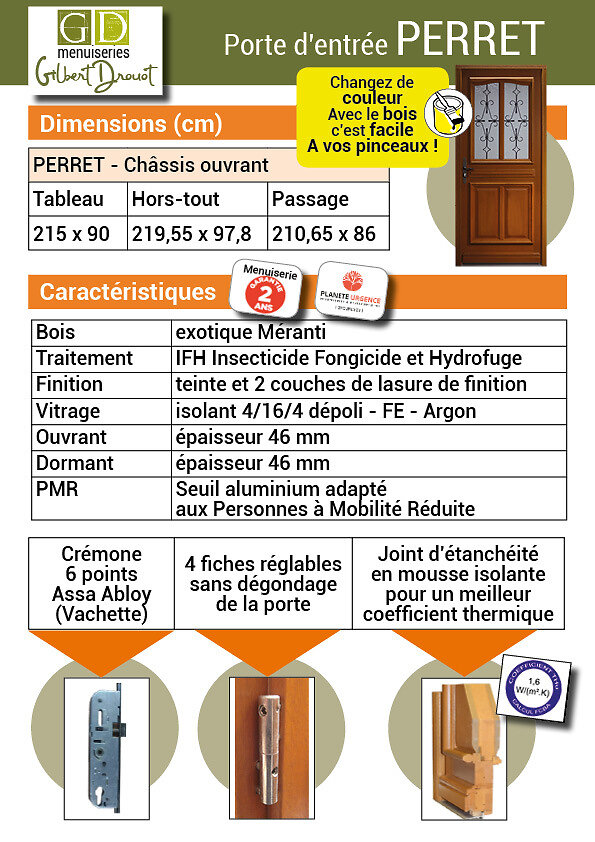 GD MENUISERIES - Porte D Entree Modele Perret  215X90 Poussant Droite  (Cotes Tableau) - large