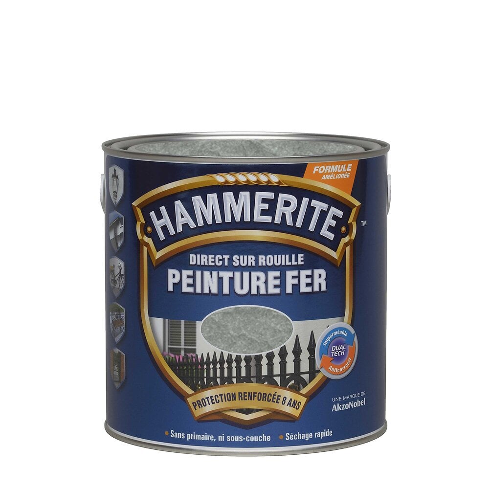 HAMMERITE - Peinture fer Hammerite Direct sur Rouille Martele Gris Argent 0,25L - large