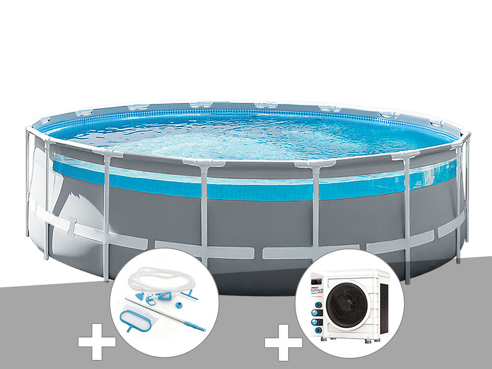 INTEX - Kit piscine tubulaire Intex Prism Frame Clear Window ronde 4,88 x 1,22 m + Kit d'entretien + Pompe à chaleur - large