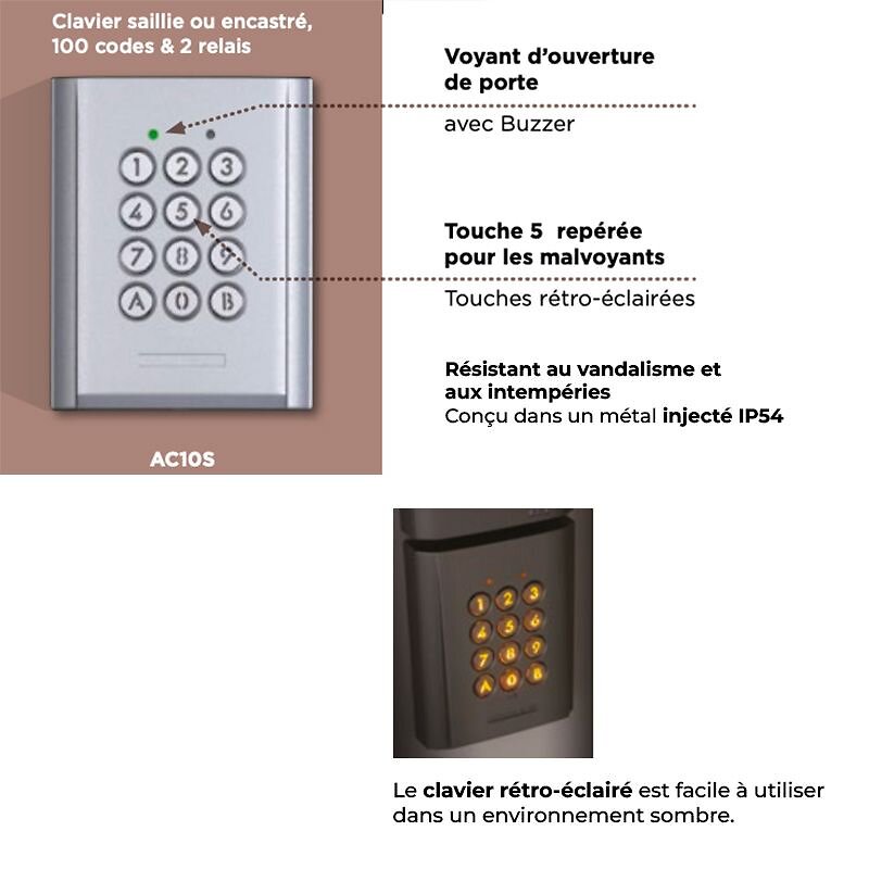 AIPHONE - Clavier saillie métal injecté, rétro éclairé, 100 codes & 2 relais - large