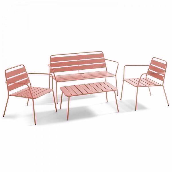 OVIALA - Salon de  jardin 4 places et 1 table basse en acier argile - large