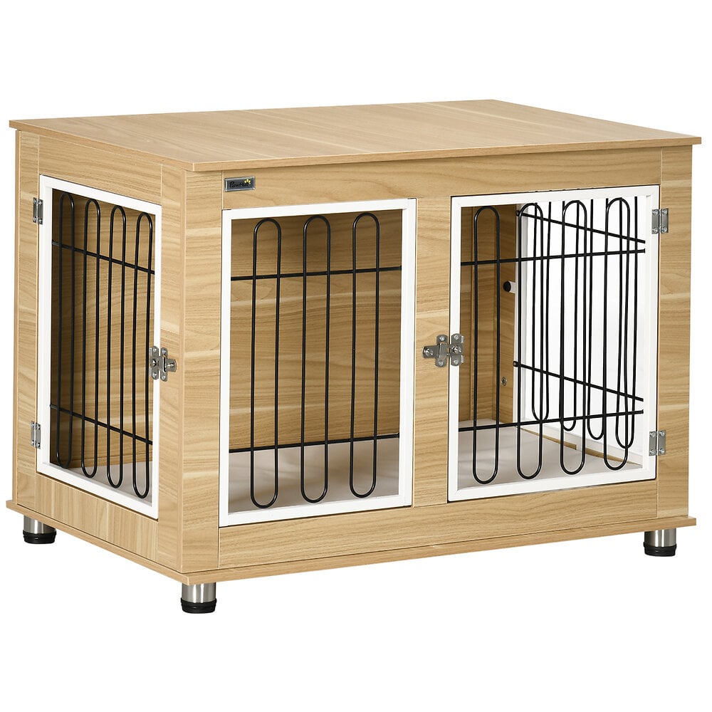 cage pour chien sur pied - 2 portes verrouillables, coussin déhoussable inclus - acier filaire noir panneaux aspect bois clair