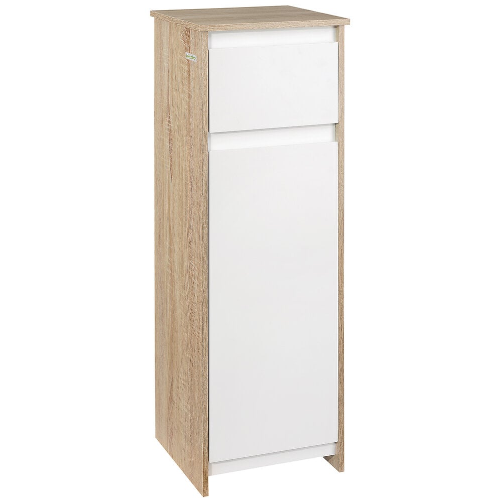 meuble colonne bas salle de bain style cosy dim. 32l x 30l x 90h cm porte étagère tiroir mdf blanc aspect chêne clair