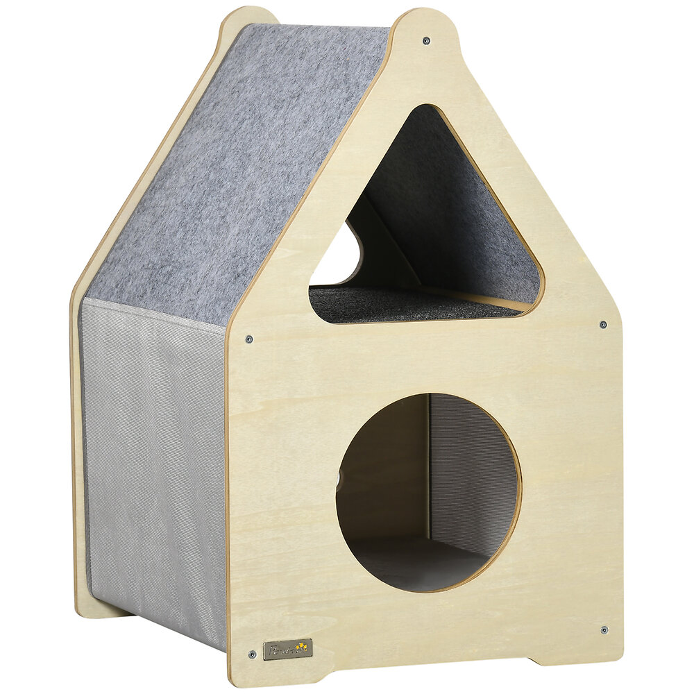 maison pour chat design maisonnette - niche chat panier chat - 2 coussins amovibles, 2 niv. - panneaux aspect bois clair polyester gris