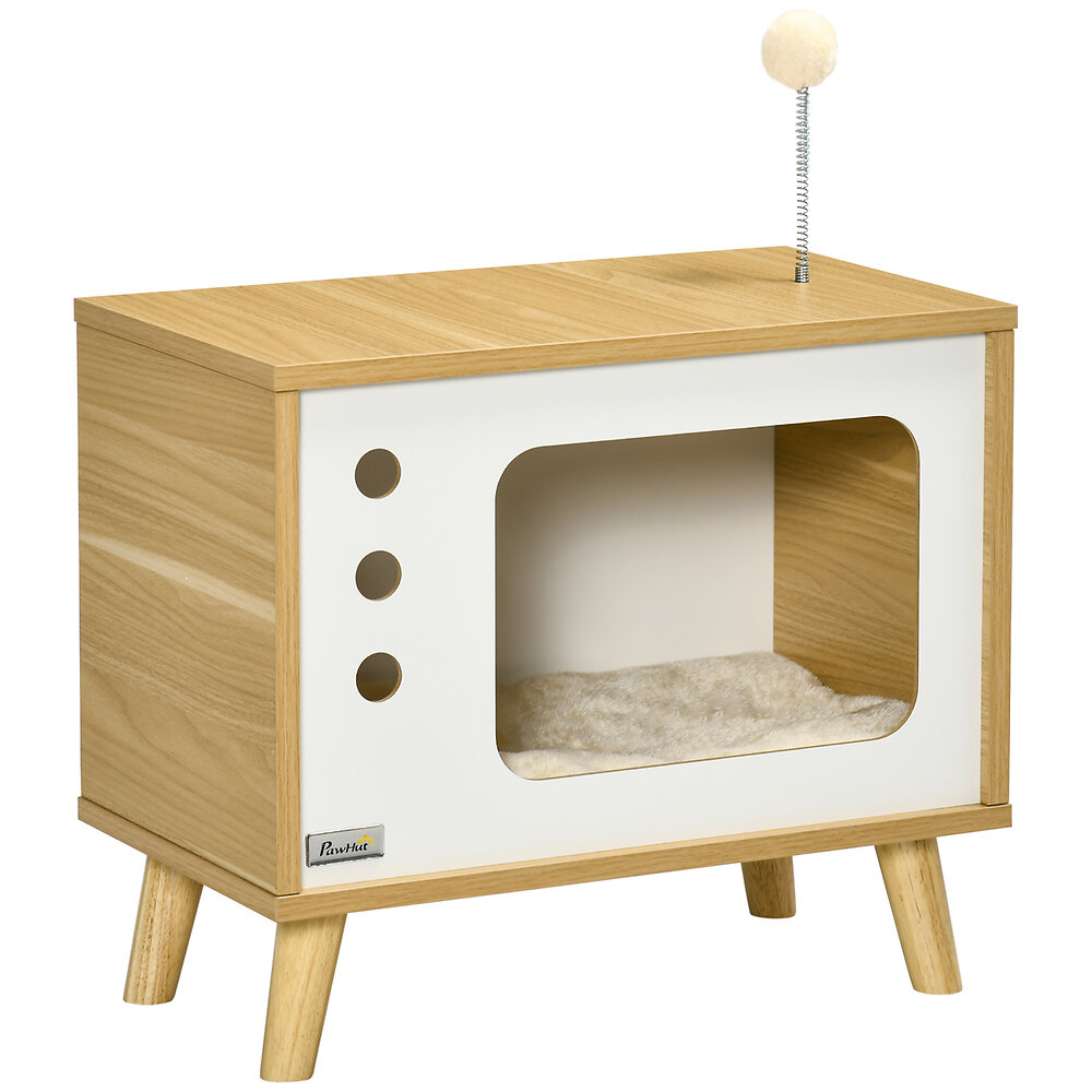 maison pour chat design poste de télévision - niche chat panier chat - 2 coussins amovibles, boule à ressort - panneaux aspect bois clair blanc