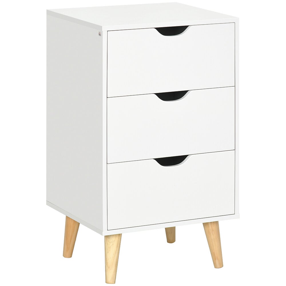 meuble de rangement chiffonnier 3 tiroirs design scandinave piètement effilé incliné bois pin panneaux blanc
