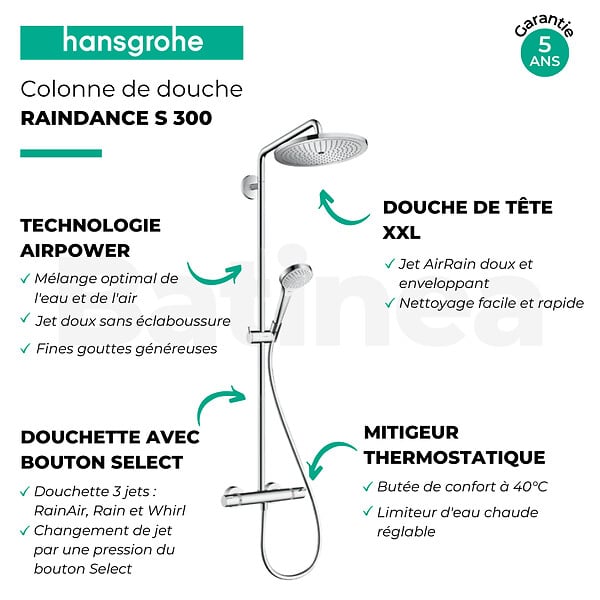 Colonne de douche thermostatique HANSGROHE Raindance S 300 chromé +  tablette AddStoris