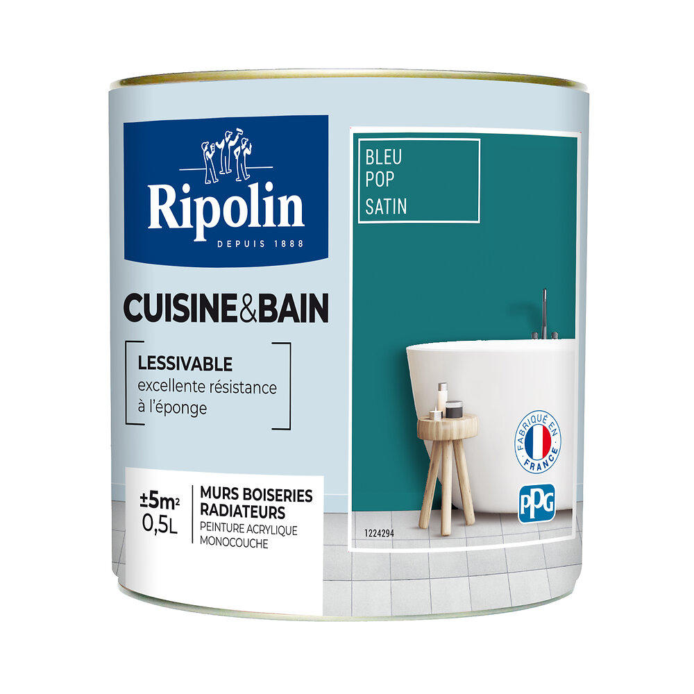 Peinture RIPOLIN Cuisine Et Bain Murs Boiseries Bleu Pop Satin 0,5L ...