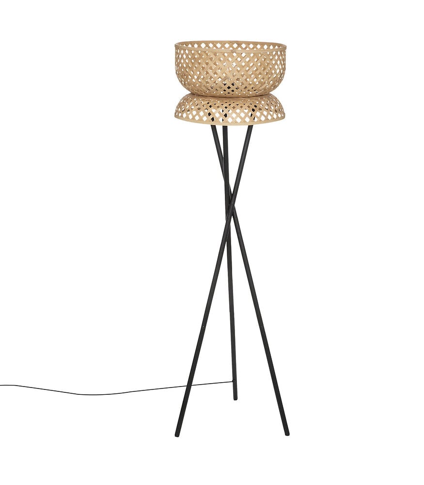lampadaire trépied  en métal noir et abat-jour en bambou h 145 cm