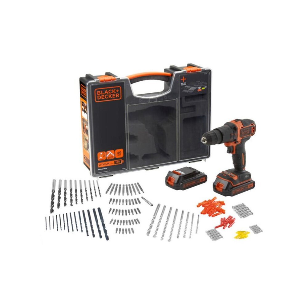 Perceuse à percussion sans fil 18V 2 batteries Lithium 1.5 Ah + 160 accessoires Black+Decker