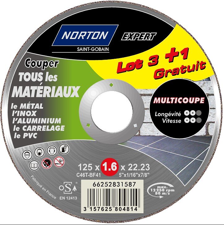 NORTON - Lot 3+1 disques multi matériaux diamètre 125mm - large