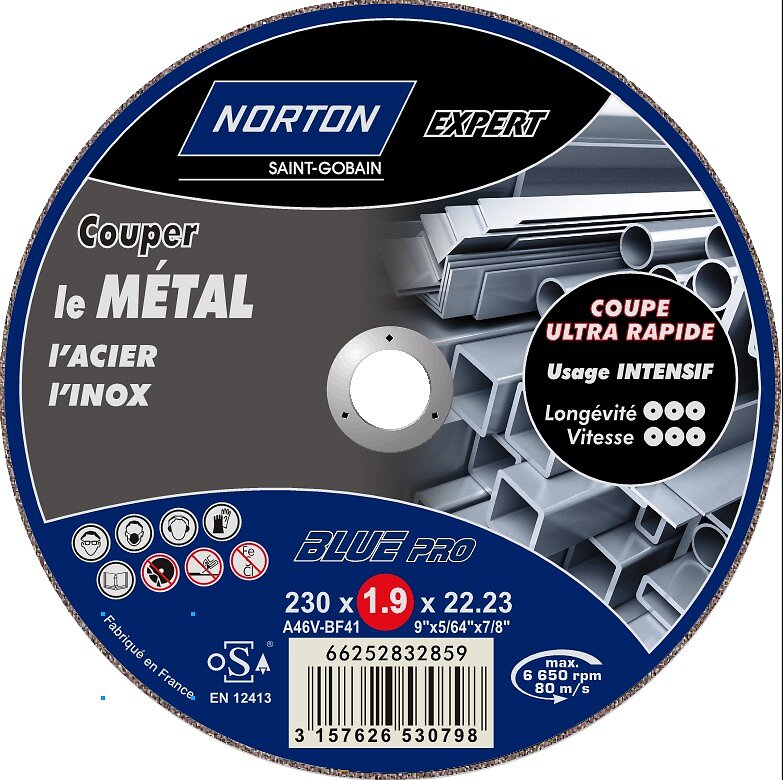 NORTON - Disque à tronçonner métal, inox diamètre 230mm - large