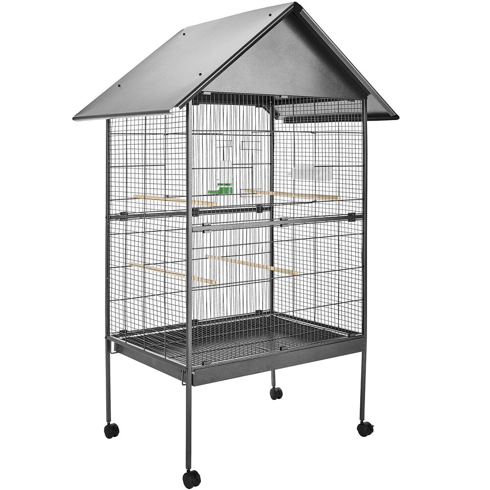 PAWHUT PawHut Cage à Oiseaux Portable avec 4 Mangeoires et 4 Perchoirs  Pratique 81 x 48 x 163 cm Noir et Gris pas cher 