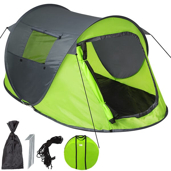 Tente de camping 3 personnes - portes zippées, poche rangement, sac  transport inclus - dim. 210L x 210l x 119H cm - fibre verre polyester tissu  Oxford gris vert