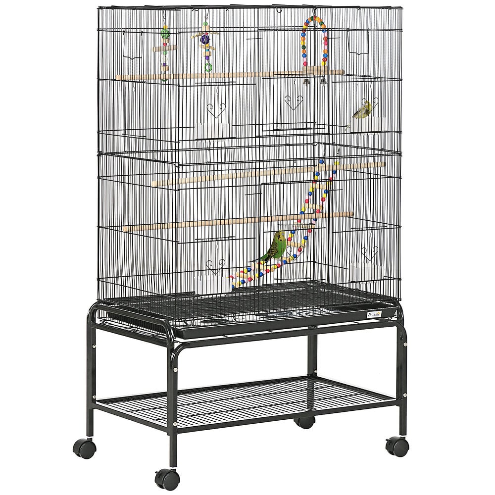 cage à oiseaux sur roulettes - étagère, plateau déjection, 3 perchoirs, 4 mangeoirs, 2 portes, 8 trappes, accessoires - acier noir