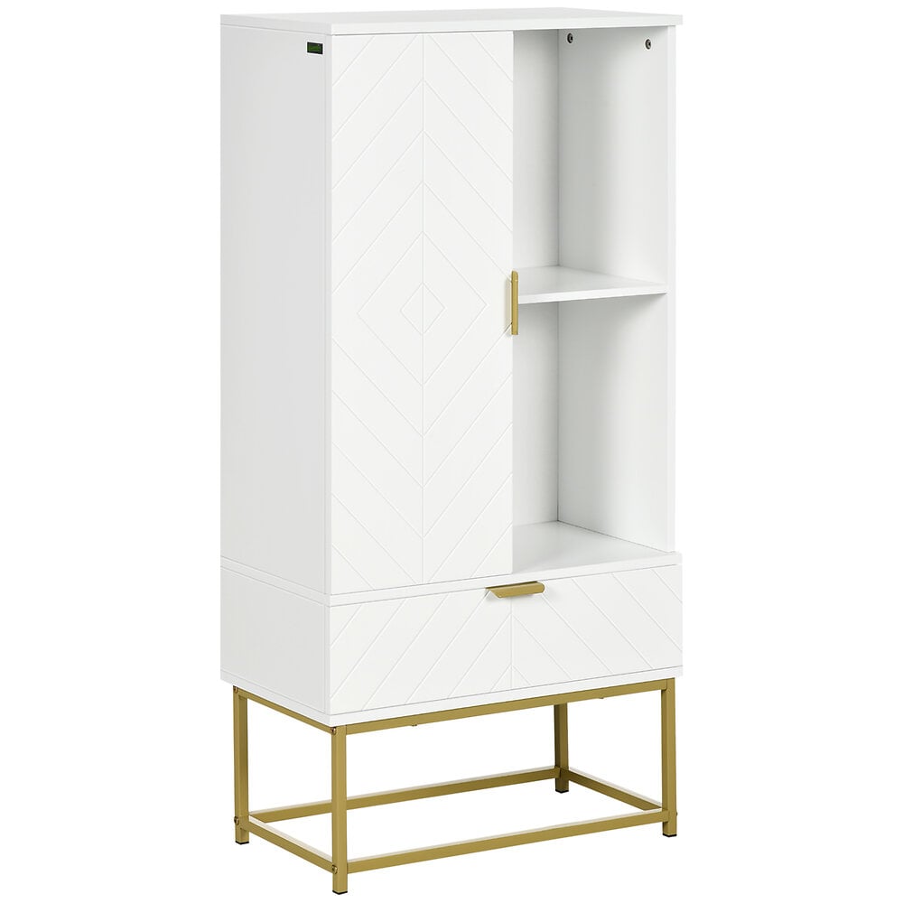 meuble bas de salle de bain design - porte, étagère, tiroir, 2 niches, 1 tiroir - acier doré mdf blanc