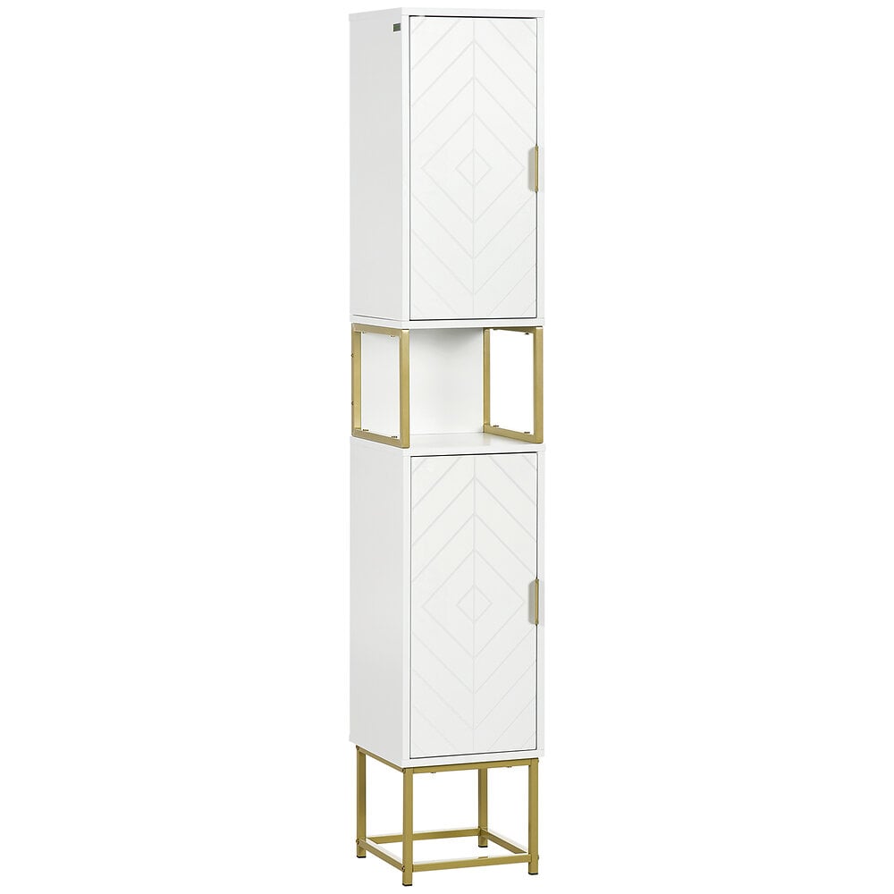 meuble colonne rangement salle de bain design - 2 portes, 2 étagères, niche - acier doré mdf blanc