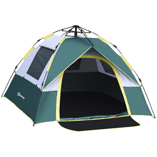 Tente de camping pop up 3 personnes porte 3 fenêtres sac de transport  inclus fibre verre polyester PE jaune gris vert