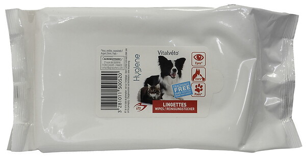 Lingettes pour chien et chat nettoyantes grand format hygiène VETOCANIS :  le paquet de 72 lingettes à Prix Carrefour