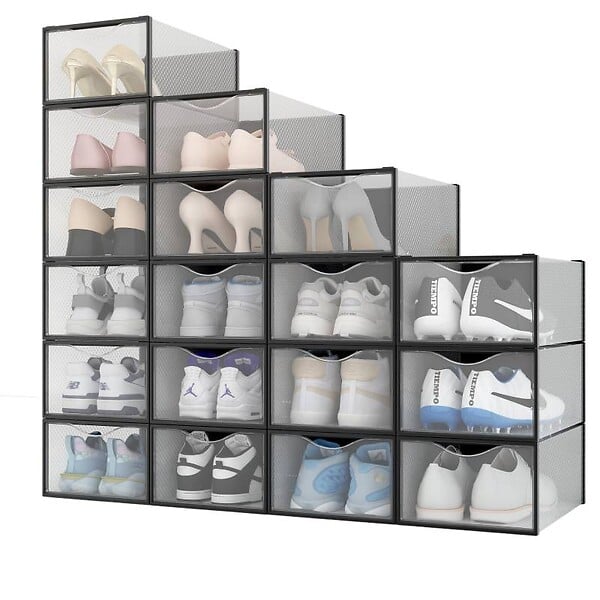 Lot de 18 Boîtes à Chaussures/Rangement Transparentes Noires Empilables en  Plastique 33.4x23x14.5cm