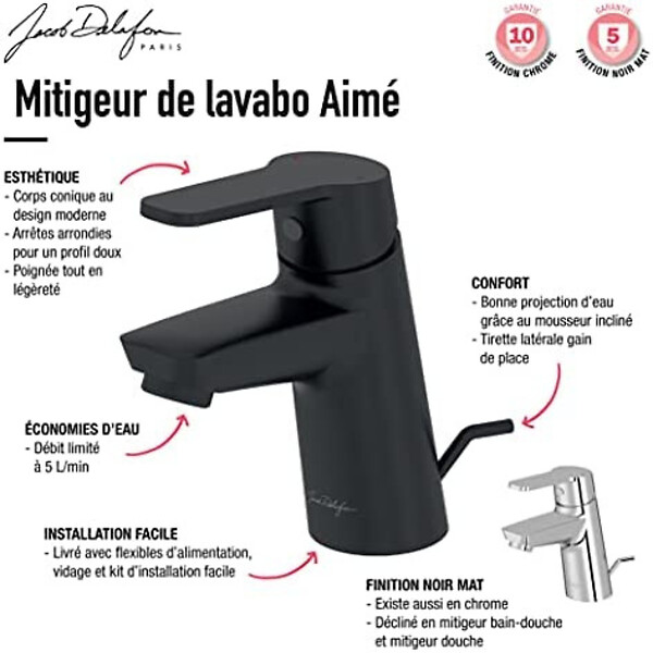 JACOB DELAFON - Mitigeur lavabo Aimé avec vidage chrome + nettoyant Briochin - large